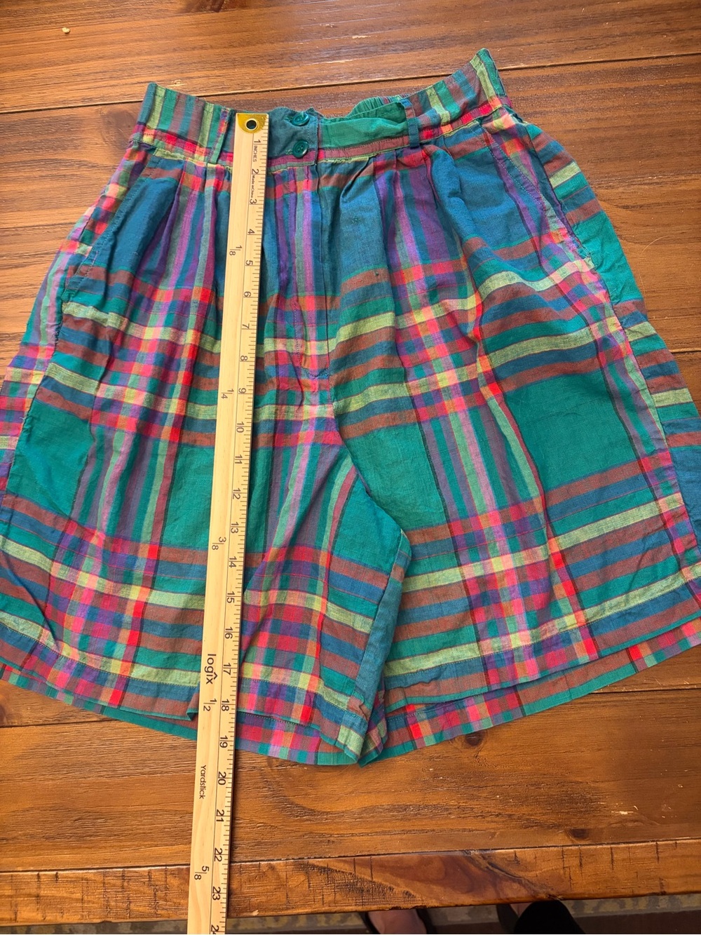 Vintage 80s Tutti Frutti Madras Plaid High Waist Pleated Bermuda Shorts M - Picture 3 of 9